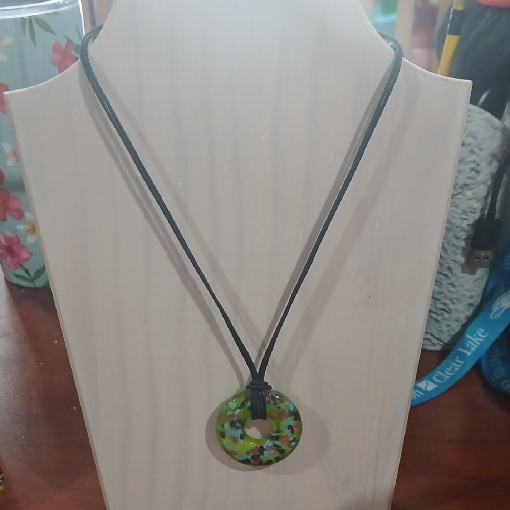 Green Mosaic Glass Donut Pendant Necklace - Unbranded